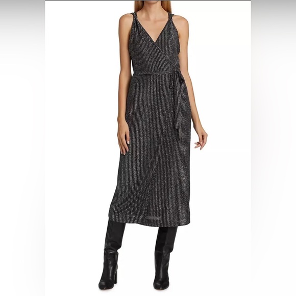 PRICE FIRM Paige Black Silver Pinstripe Metallic V-Neck Wrap Midi Dress S NWT - Picture 2 of 6